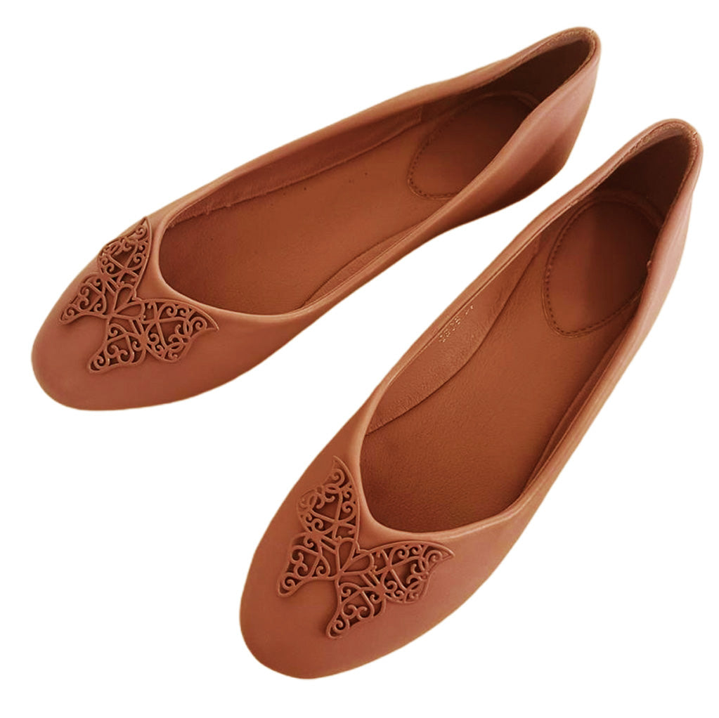 TAN BALLERINAS WITH BUTTERFLY ACCENT – MINISTRY OF HEELS -A Unit of Ayesha  Bedi Couture